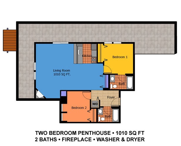 2 Bedroom Penthouse / 2 Bath